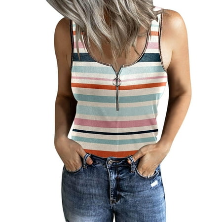 GWAABD Women Halter Neck Women Casual Top Summer Shirt Sleeveless Tank V Neck Printed Top Zipper Top Tank Top