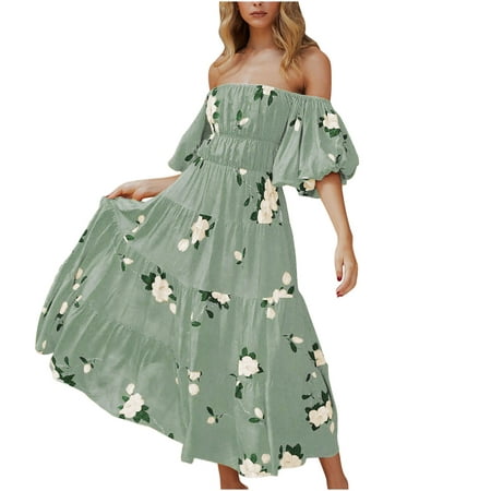 Summer Dresses for Women 4723 Women S Sexy Neck Off-Shoulder Puffy Sleeve Print Dress Sleeveless Off-the-Shoulder Ankle Dress Summer Dresses Clearance