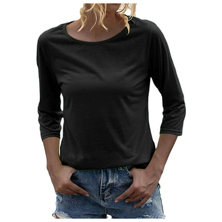 CLZOUD Dress Shirts for Women Trendy Black Polyester Women Fashion Round Neck 3/4 Sleeve T Shirt Solid Casual Basic Tops Blouse Xxl