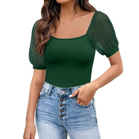 CLZOUD Womens Shirt Dress Green Lace Women Fashion Solid U Neck Short Puff Sleeve Shirt Blouse Loose Tunic Top S