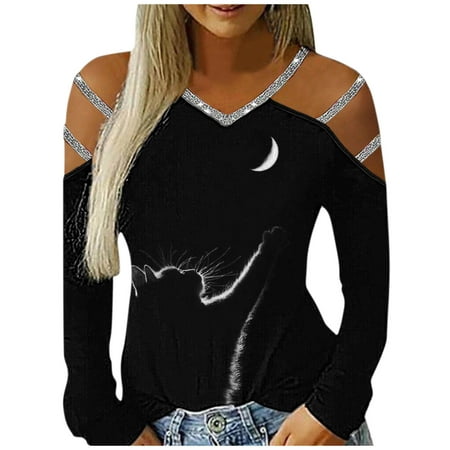 CLZOUD Womens Shirts Summer Black Fashion Women S Casual Printing Hollow Out Long Sleeves V Neck Off Shoulder Tee Shirts Tops Blouse Xxl