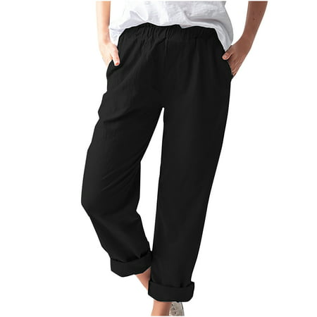 YANHAIGONG Women Pants Summer Shorts Pants for Women 2564 Women Casual Solid Color Pockets Elastic Waist Comfortable Straight Pants