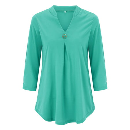 CLZOUD Women S T Shirt Mint Green Women S Spring Autumn Winter Three Quarter Sleeve Solid Color V Neck Buckle Pleated Casual Pullover T Shirt Top S