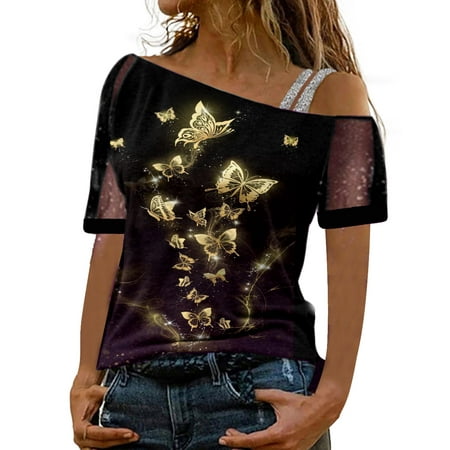 CLZOUD Womens Casual Shirts Yellow Women Printed Off Shoulder Tops Glitter Short Sleeve Shirt Blouse Tops M