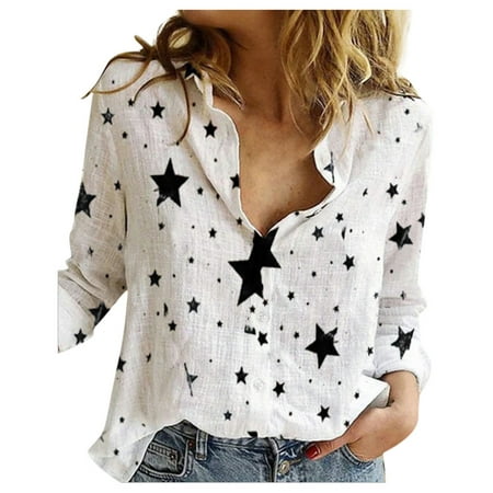 CLZOUD Womens Shirts Summer C Polyester Womens Loose Daisy Printing Long Shirt Cotton Ladies Casual Tops T-Shirt Blouse S