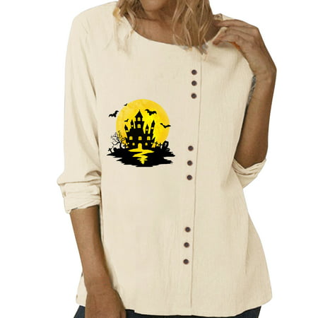 GWAABD Womens Sweat Shirts Women Print Long Sleeve O Neck Cotton Linen T Shirt Tops Casual Blouse