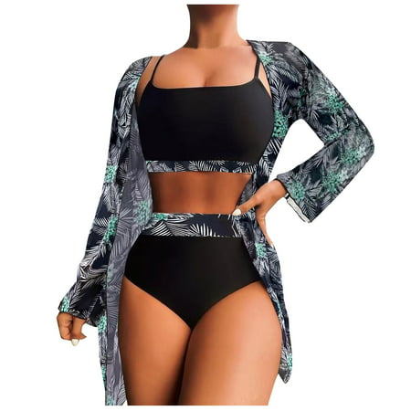 GWAABD Notched V Neck Bikini Set High Waist Bikinis 2023 3 Piece Bikini Set Cover up Swimsuit for Women Long Sleeve Push up Swimwear Beach Wear Bathin