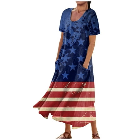 Perfect Summer Gift HIMIWAY Maxi Cheap MIDI Wedding Guest Plus Size Women 5588 Summer Loose Casual Large Size Patriot V-Neck Sleeveless Dress Blue L