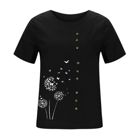 GWAABD Fashion T Shirts for Women Summer Womens Short Sleeve Crew Neck Floral Fit Printed Top T Shirts Casual Linen Tee Blouse