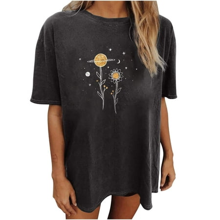 CLZOUD Womens Tops and Blouses Fashion Yellow Cotton Floral Moon Wildflowers Printed Women Short Sleeve Blouse Top Loose Oversized Shirt T-shirt Xxl