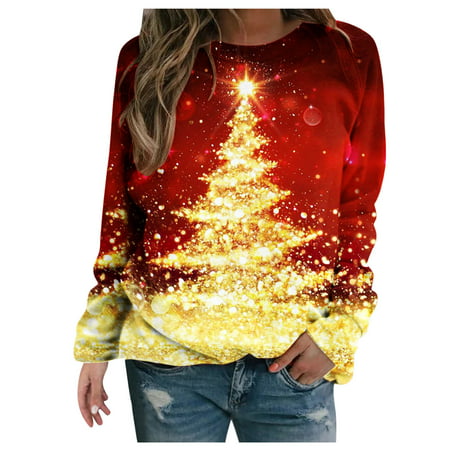 GWAABD Hoodie Sweaters for Women Ladies Sweatershirt Top Round Neck Long Sleeve Gradient Print Stitching Round Neck Sweatershirts