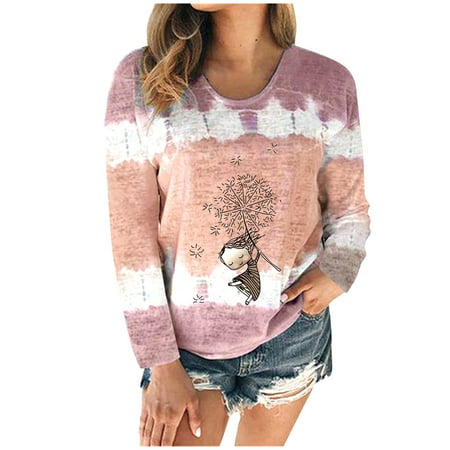 CLZOUD Womens Tops and Blouses Fashion Pink Polyester Women S Print Tie-Dye Patchwork Crew-Neck T-Shirt Casual Tee Blouse Tops Xxxxl
