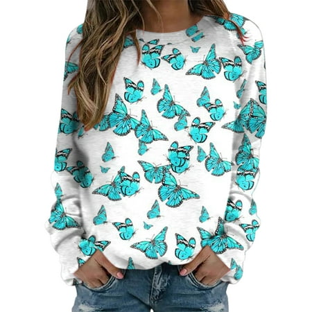 GWAABD Boyfriend Sweatshirt for Women Daily ButterflyPrint O Neck Sweatshirt Round Neck Fit Pullover Tops Casual Long Sleeve Workout Shirts Loose Blou