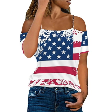 CLZOUD T Shirts for Women Blue Ladies Chain Sling Printed Imitation Cotton Short Sleeved T Shirt Blouse Xl