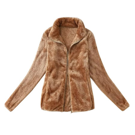 GWAABD Plaid Jacket Women Women Plush Coat Zipper Warm Candy Colored Furred Coat with Standing Collar
