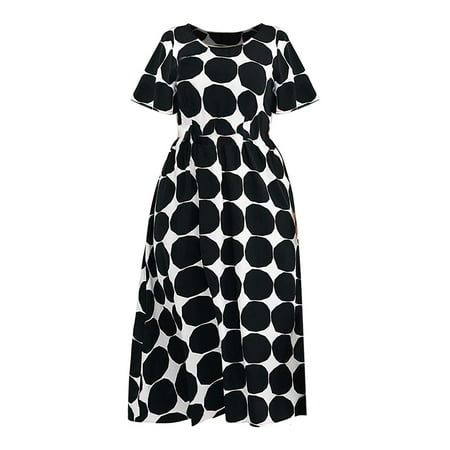 CLZOUD Comfy Dress for Women Black Polyester Ladies Plus Size Summer Dress Round Neck High Waist Waist Design Polka Dot Print Short Sleeve Pleated a L