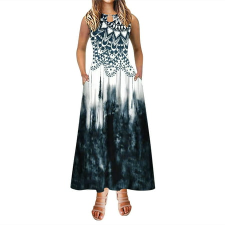 CLZOUD Casual Dress for Women Navy Polyester Spandex Women a Line Dress Maxi Long Dress Sleeveless Floral Print Pocket Print Spring Summer Round Neck 