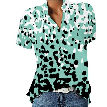 CLZOUD Basic T Shirts for Women Green Womens Tops V Neck Blouse Short Sleeve Tshirts Fashion Casual Loose Fit Floral Print Tunic Tops Xxl