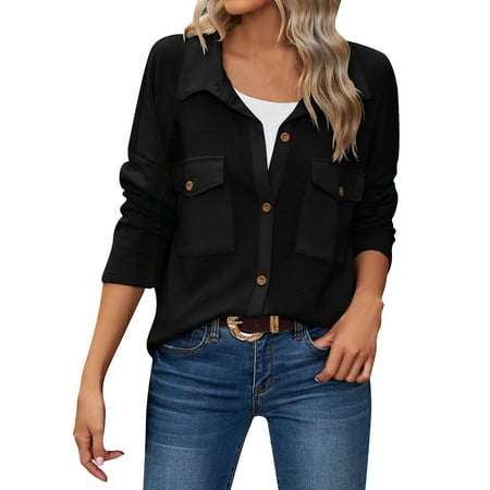 GWAABD Womens Swing Tops Womens Shirt Long Sleeve Button Down Shacket Casual Oversized Top with Pockets
