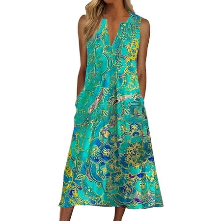 CLZOUD Womens Casual Dresses for Summer Blue Polyester Spandex Women Casual Summer V Neck Sleeveless Long Dress Holi Dress Beach Floral Party Sundress