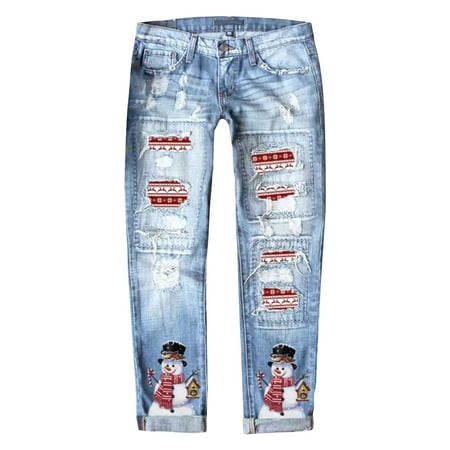 GWAABD Jean for Women Women S Autumn and Winter Christmas Jeans Printed Hole Thickened Trousers