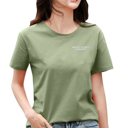 CLZOUD Fashion Blouse Women Green Polyester Spandex Women Casual Letters Printing Daily Shirts Round Neck Short Sleeve T Shirt Loose Tee Tops Tunic Bl
