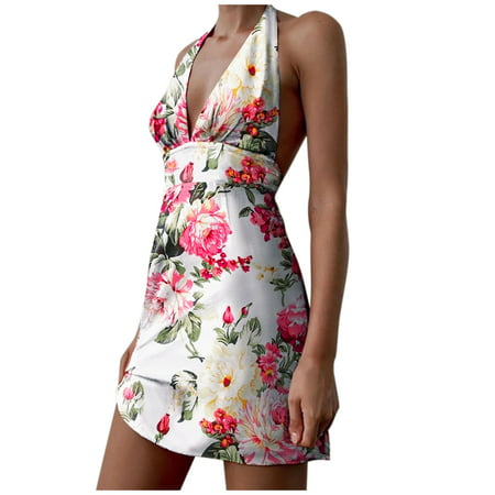 GWAABD Dress for Wedding Sleeveless Printing Backless Maxi Women Beach Mini Dress Floral Women S Dress