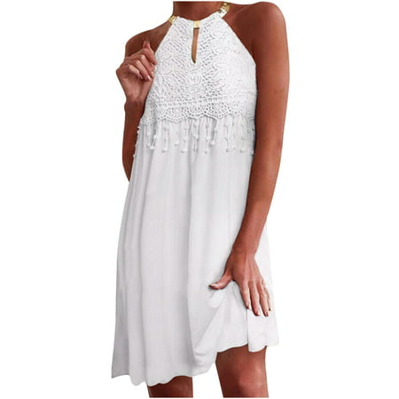 CLZOUD Dress Summer for Women White Polyester Women S Casual Sleeveless Backless Solid Color Lace Halter Dress Xxl