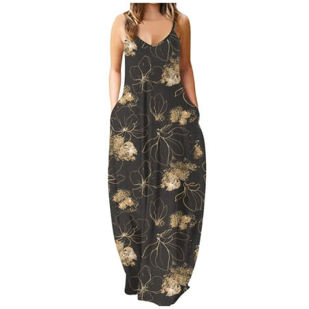 CLZOUD Dresses Summer Casual Yellow Polyester Women Summer O-neck Flower Print Sleeveless Plus Size Pullover Long Dresses M