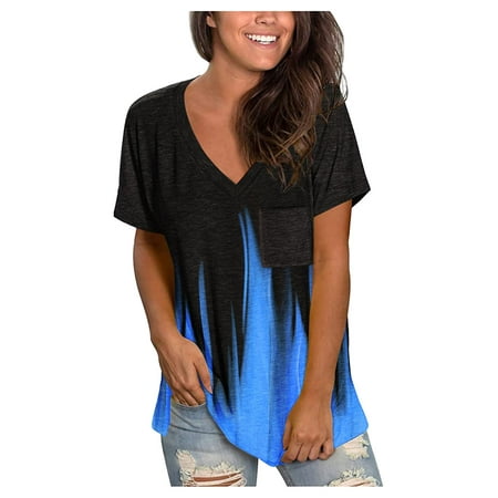 CLZOUD Women T Shirts Casual Blue Polyester Women S Short Sleeve V-Neck Print T Shirts Pocket Tunics Casual Tops Blouses S