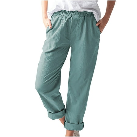 YANHAIGONG Women Pants Summer Shorts Pants for Women 2564 Women Casual Solid Color Pockets Elastic Waist Comfortable Straight Pants
