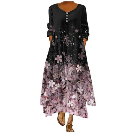 GWAABD Womens Dresses with Sleeves Women Dress Floral Print Bohemian Plus Size Summer Beach Loose Long Maxi Dress