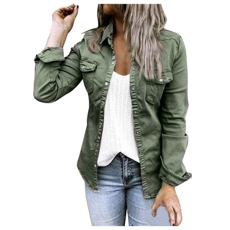 GWAABD Womens Warm Winter Coats Women Casual Solid Color Single Snap Lapel Long Sleeve Pocket Tunic Shirt Denim Jacket Teen Girls Coat