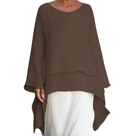 CLZOUD Women Blouses for WorkUnderwear Women Cheeky Brown Linen Women Fashion Plus Size Irregular Casual Linen Long Sleeve Crew Neck Blouse Xl