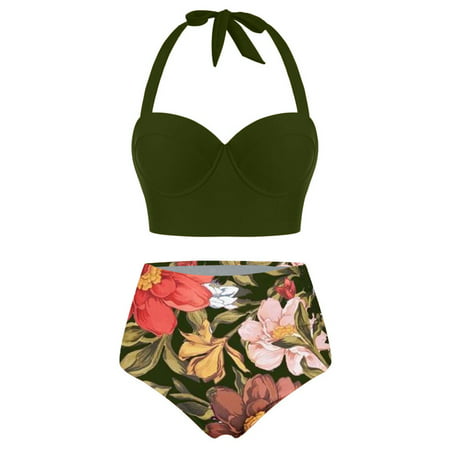 GWAABD Cutout Bikini Split Swimsuit Crop High Print Tops+Shorts Swimwear Waist Two Floral Piece Halter Women Swimwears Tankinis Set