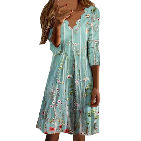 CLZOUD Summer Dress Casual Green Polyester Spandex Women Casual Fashion Print Dress V Neck Long Sleeve Dress Loose Dress L