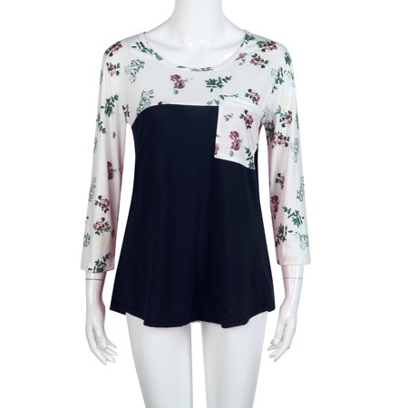 CLZOUD Summer T Shirt for Women Navy Women Fashion Floral Splicing Pocket Casual Blouse M