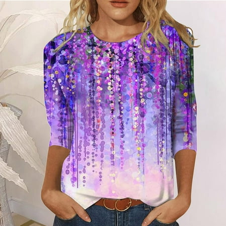 ELFINDEA Dresses for Women 2564 Women S Fashion Casual Round Neck 3/4 Sleeve Loose Printed T-Shirt Ladies Top XL