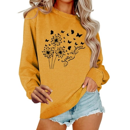 GWAABD Womens Oversized Shirts Womens Casual Butterfly Print Long Sleeve Round Neck Sweatshirt Loose Tops