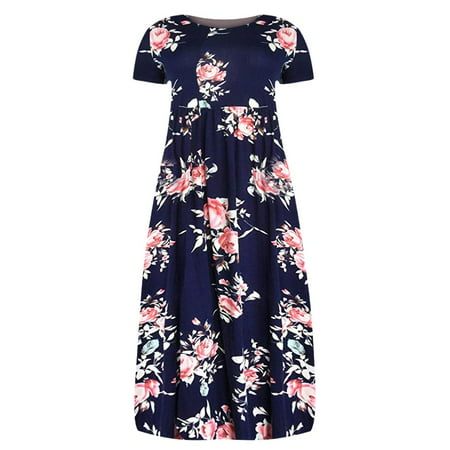 GWAABD Women S Maxi Dress Short O-Neck Dress Size Printing Sleeve Women Plus with Pockets Long Dress Women S Dress