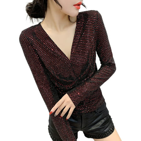 CLZOUD Casual Shirts Women Red 2023 Sequin and Shiny Pleated Shirt Slim and Long Sleeve V Neck Women Tee Shirt M
