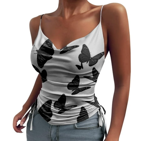 CLZOUD Halter Vest for Women Grey Women Casual Top Summer V Neck Cami Pleated Drawstring Printing Camisole Top M