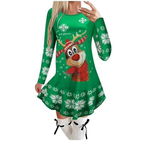 GWAABD Beach Dress Plus Size Womens Christmas Dresses Printed Round Neck Long-sleeved Dress Autumn and Winter Casual Dresses
