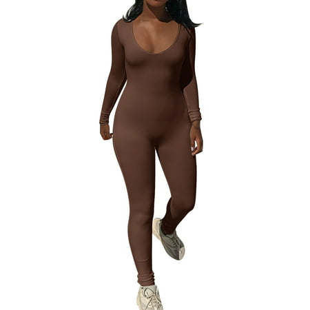 GWAABD One Piece Yoga Bodysuit Women Yoga Front and Back Deep U Neck Jumpsuit Workout Ribbed Zipper Long Sleeve Jumpsuit