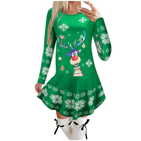 CLZOUD Women Flowy Dress Green Chiffon Women S Autumn and Winter New Long-sleeved Casual Dress Xxl