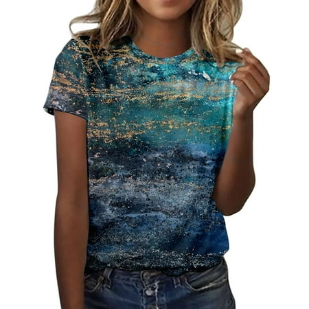 CLZOUD Work Shirt for Women Green Womens Spring Summer Flower Printed Short Sleeve O Neck T Shirt Top L