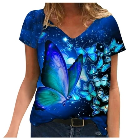 CLZOUD Womens T Shirts Trendy Blue Plus Size Women Short Sleeve Printed V-Neck Tops Tee T-Shirt Blouse Xl