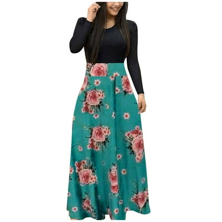 CLZOUD Women Casual Dress Blue Polyester Fashion Women Long Sleeve Floral Print Long Maxi Dress Ladies Casual Dress L