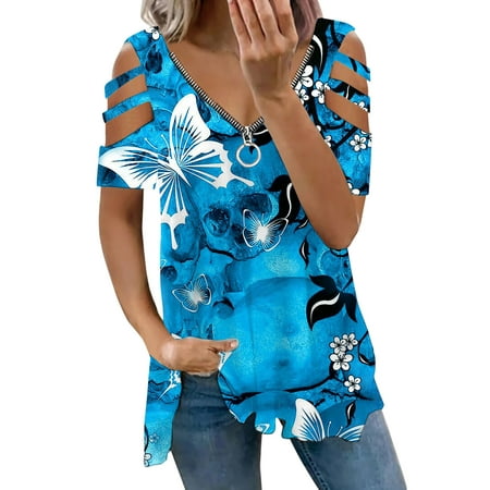 CLZOUD Work Shirt for Women Sky Blue Womens Fashion Top Zipper Off Shoulder Short Sleeve Butterfly Print T Shirt Short Sleeve Xxl