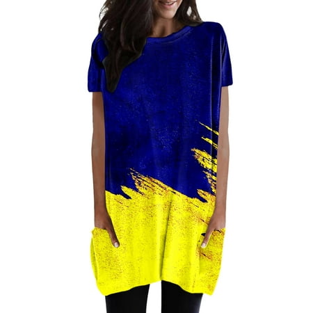CLZOUD Womens T Shirts Casual Blue Women Summer Casual Round Neck Short Sleeve Pocket Color Tie Dye Gradient Print Long Top L